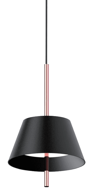 Sauri Pendant Light in black, tapered shade lit from inside with a copper stem running through it