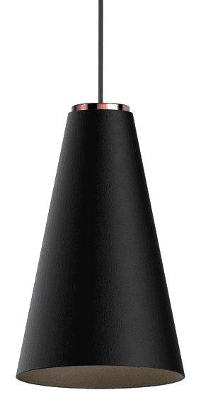 Yexi Pendant Light in black, cone shade with a copper collar hanging on its cable