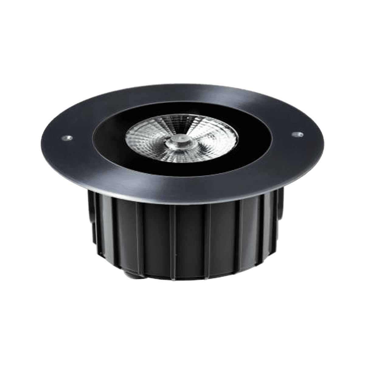 Round In-Ground Uplight, 180mm size, stainless steel trim over a black ribbed aluminum body, seen from above at an angle