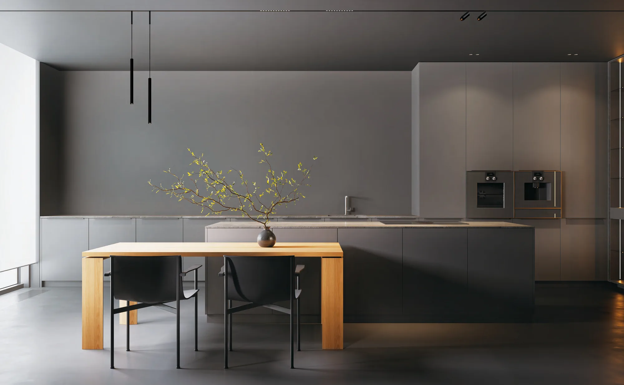 Kitchen with slim magnetic track pendants dropped over the table