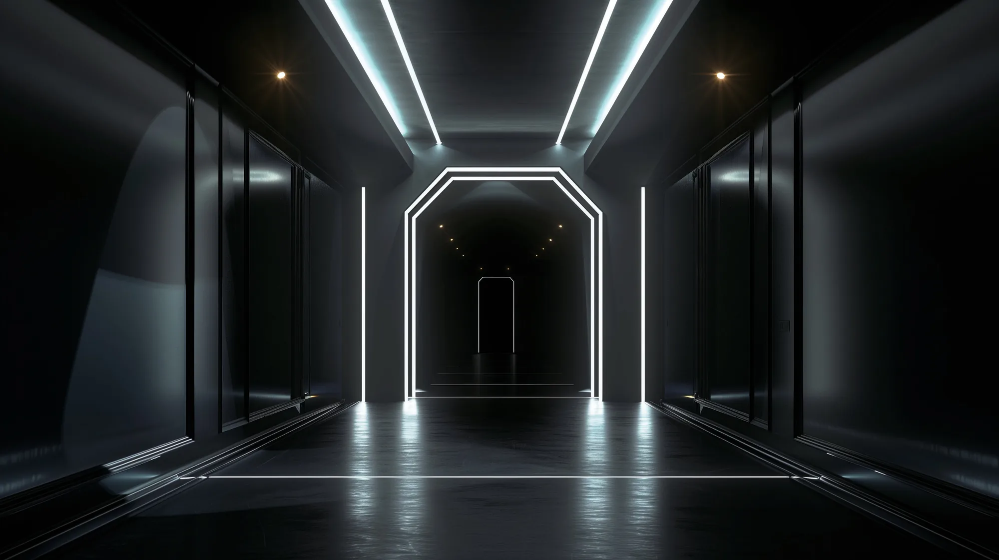 Dark corridor with recessed aluminium profiles drawing lines across the ceiling and walls