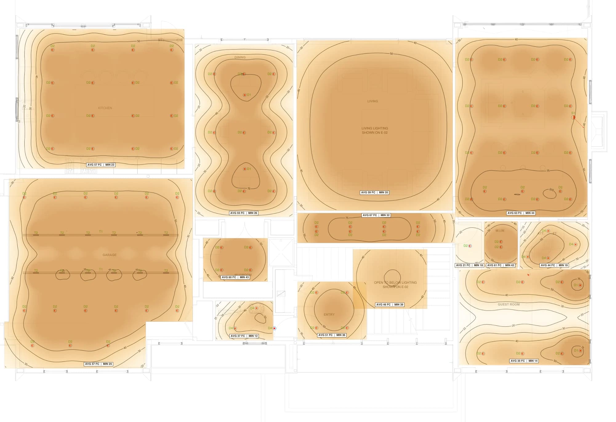 First floor, footcandle study of the same plan, with room averages and minimums