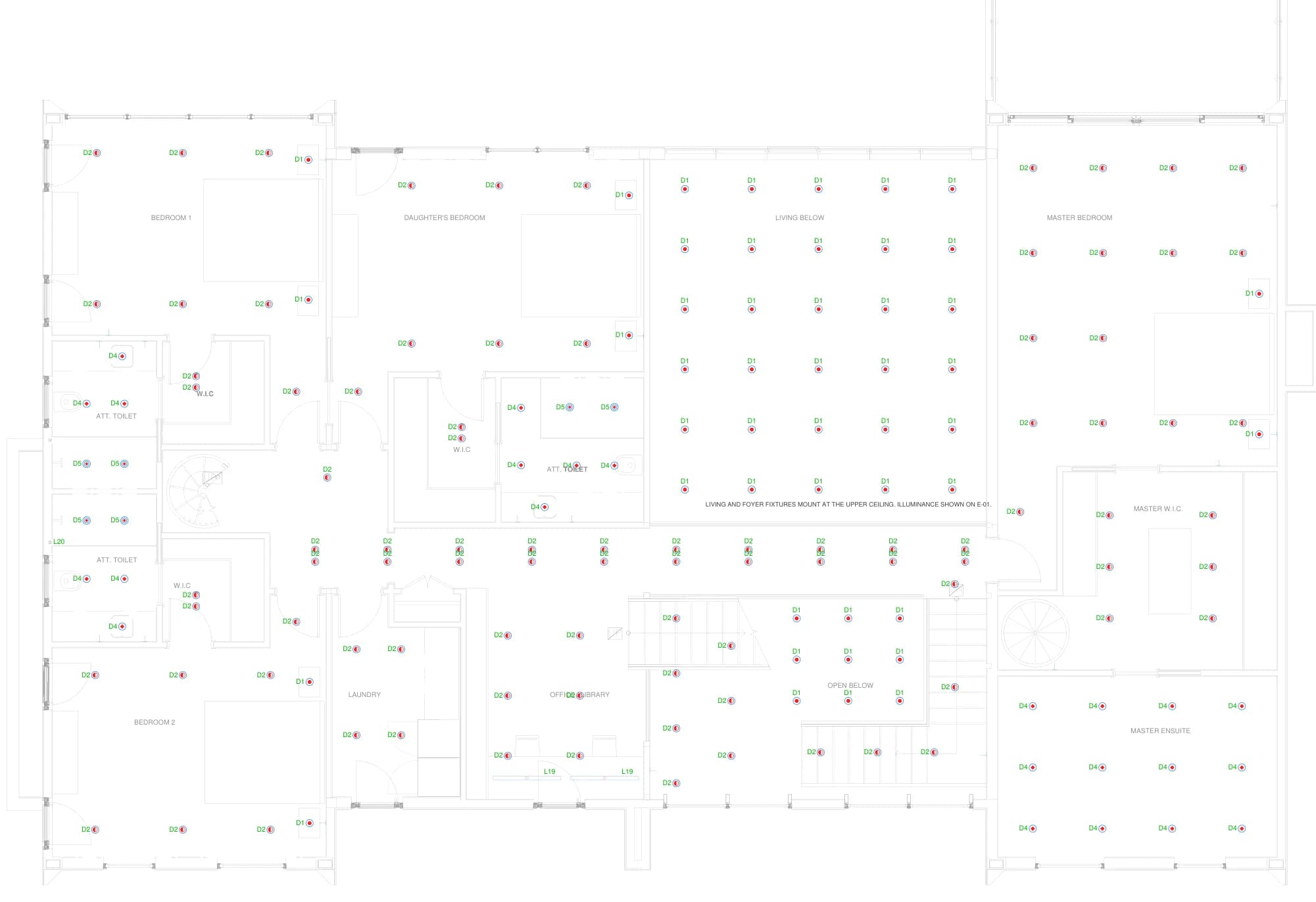 Second floor, lighting layout with every fixture placed and tagged
