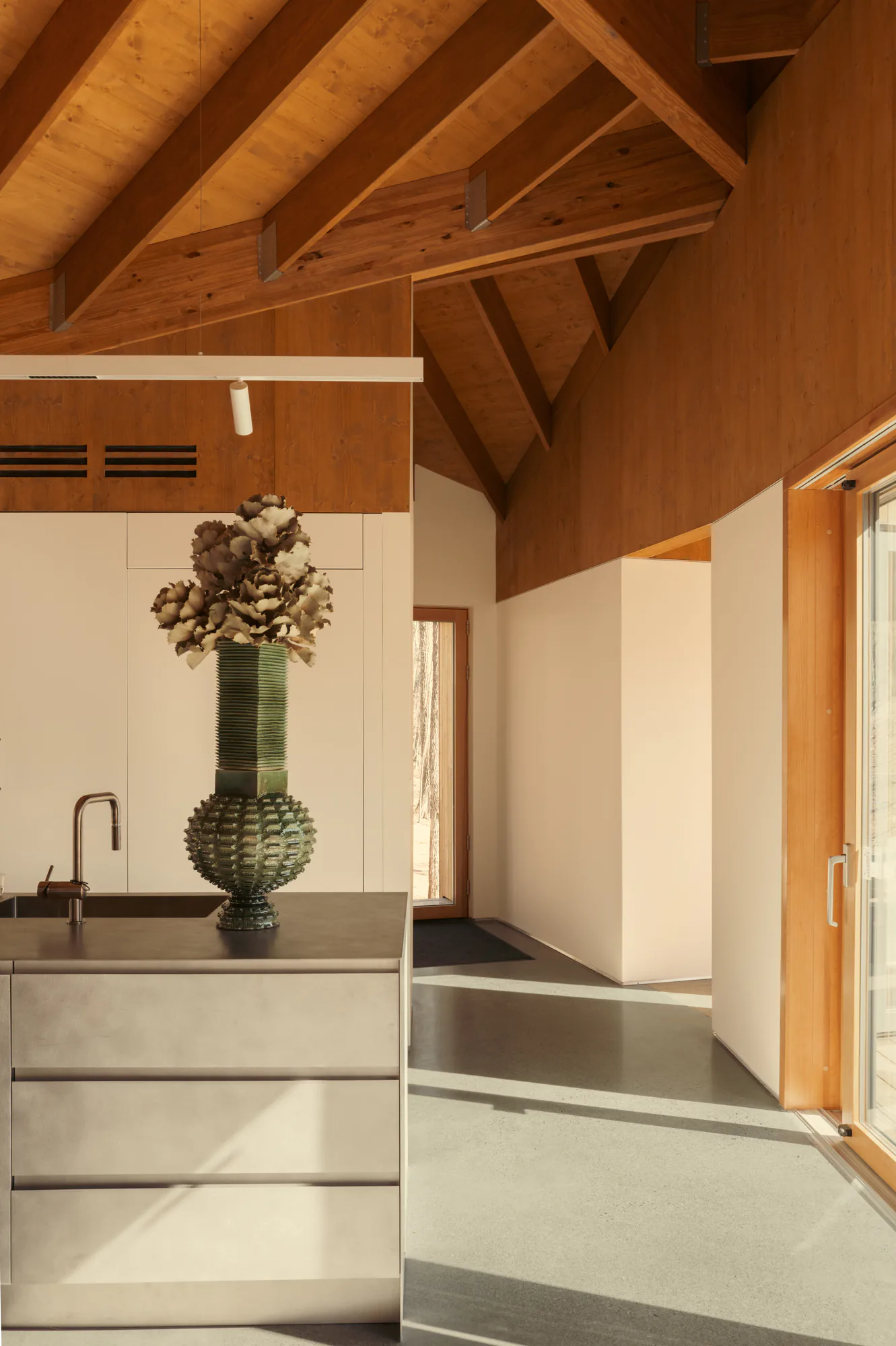 Stainless steel kitchen island under the rafters, glazing to the court beyond