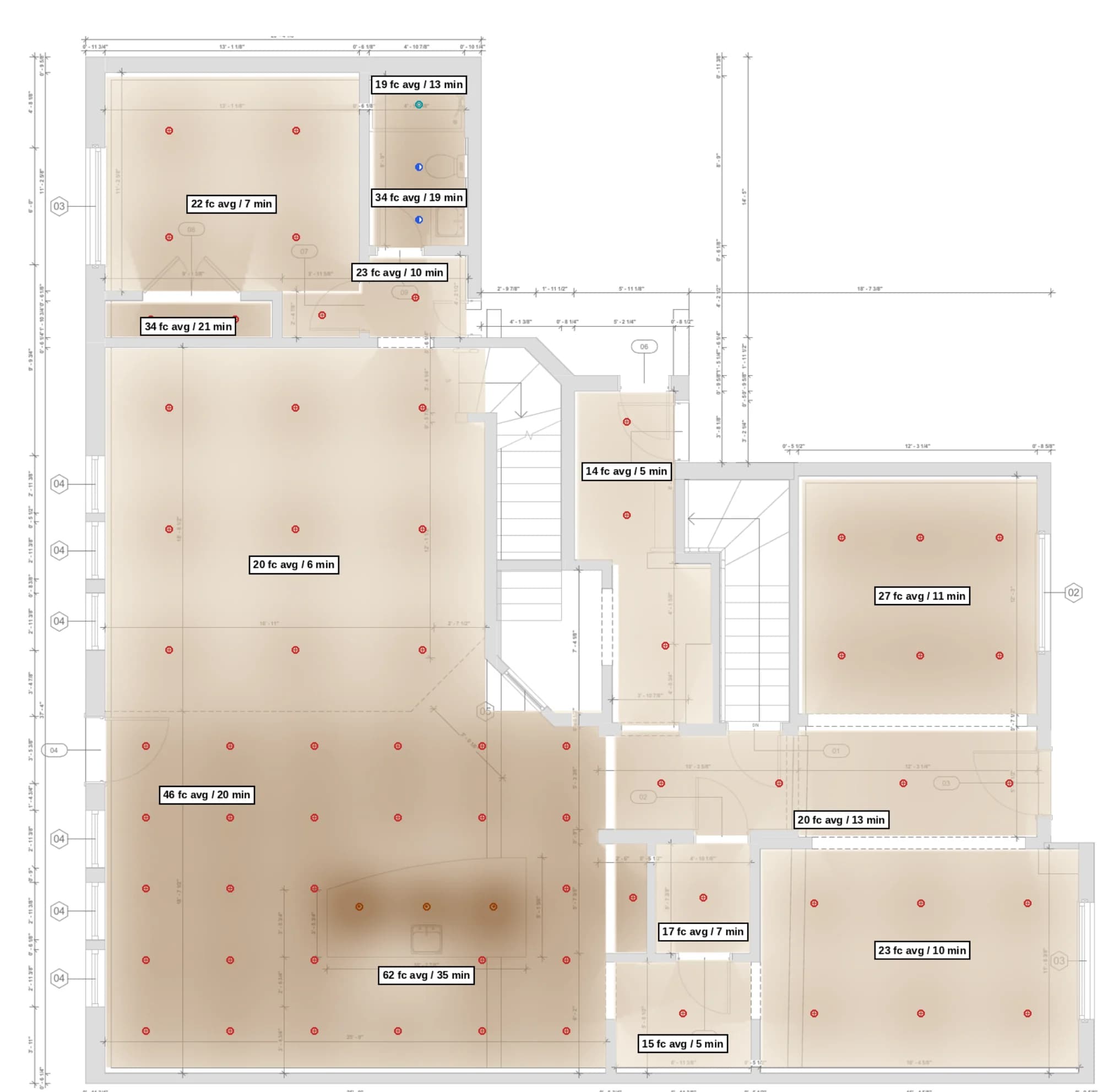First floor, footcandle study of the same plan, with room averages and minimums