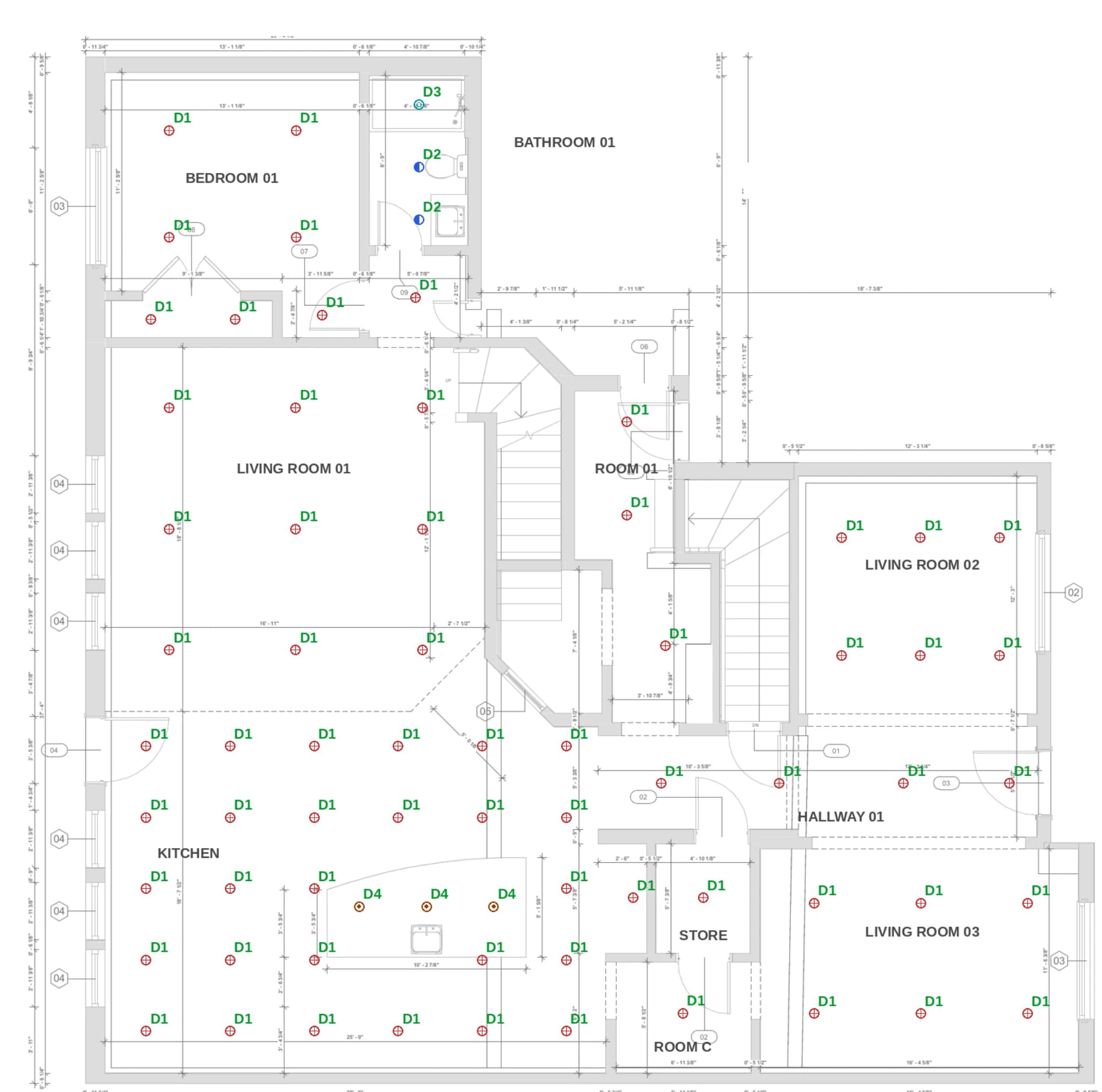 First floor, lighting layout with every fixture placed and tagged
