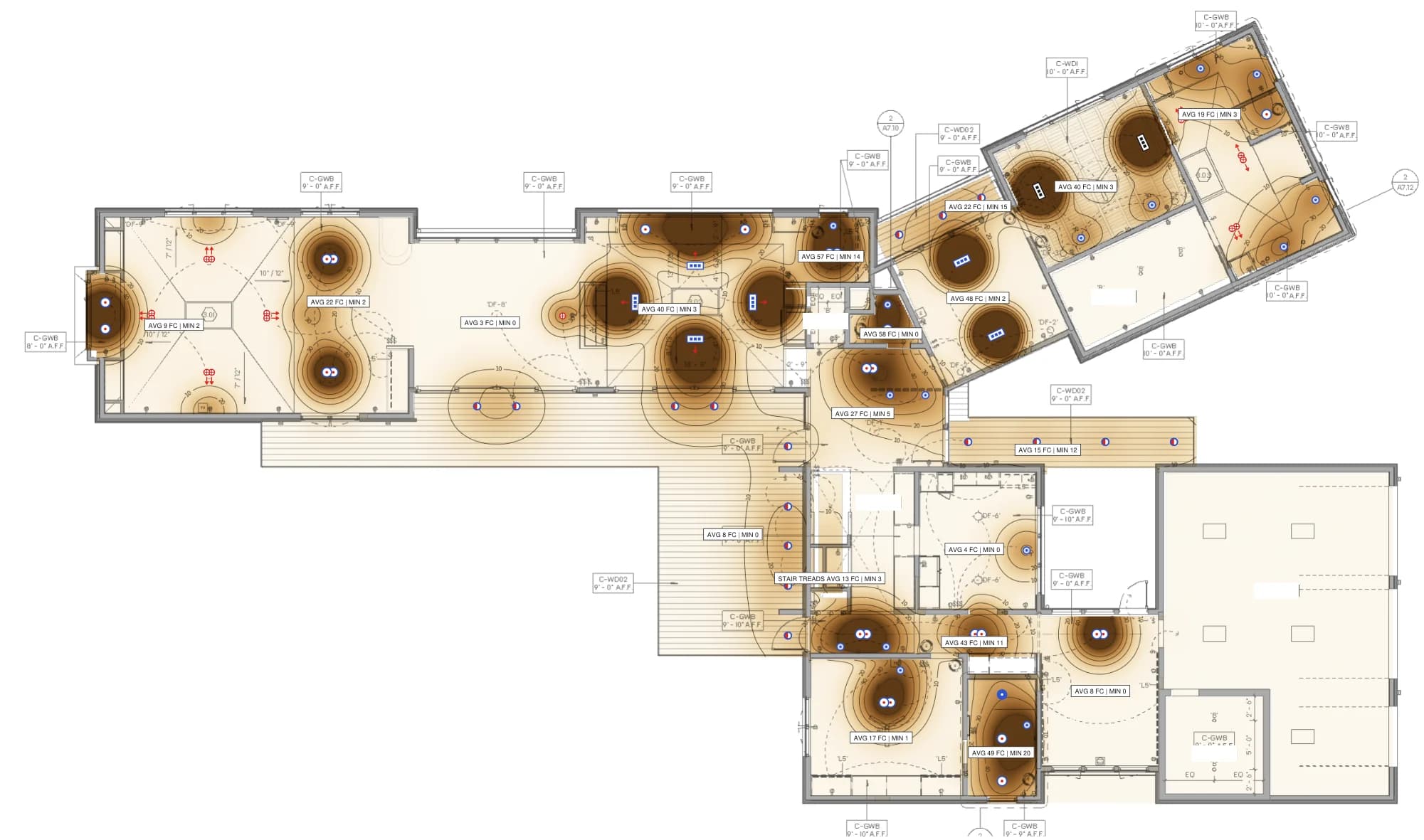 First floor illuminance plan in footcandles over the whole floor, with isolux lines and per-zone average and minimum labels.