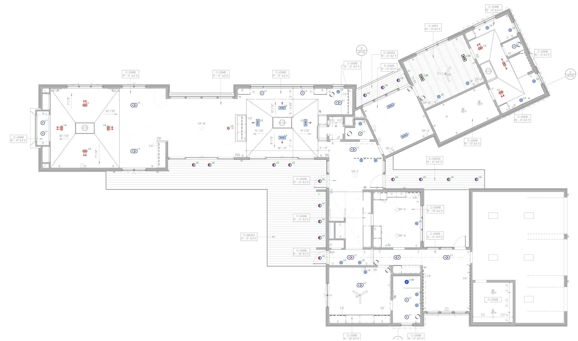 First floor lighting layout over the architect's reflected ceiling plan: adjustable downlights, square multi-head fixtures, accent spotlights on the vaults and wet location soffit downlights on the terrace and porch.