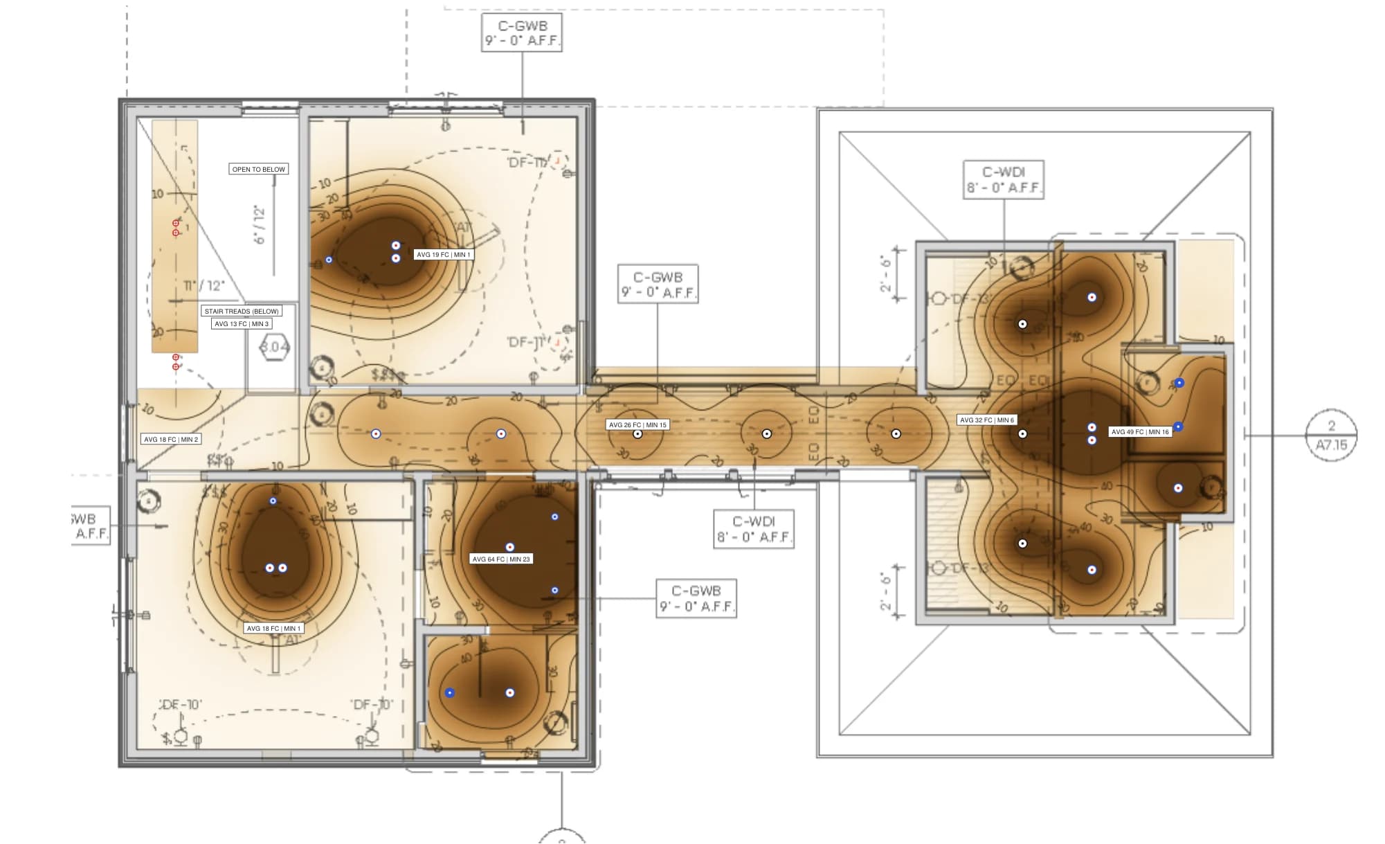Second floor illuminance plan in footcandles with isolux lines and per-zone average and minimum labels.