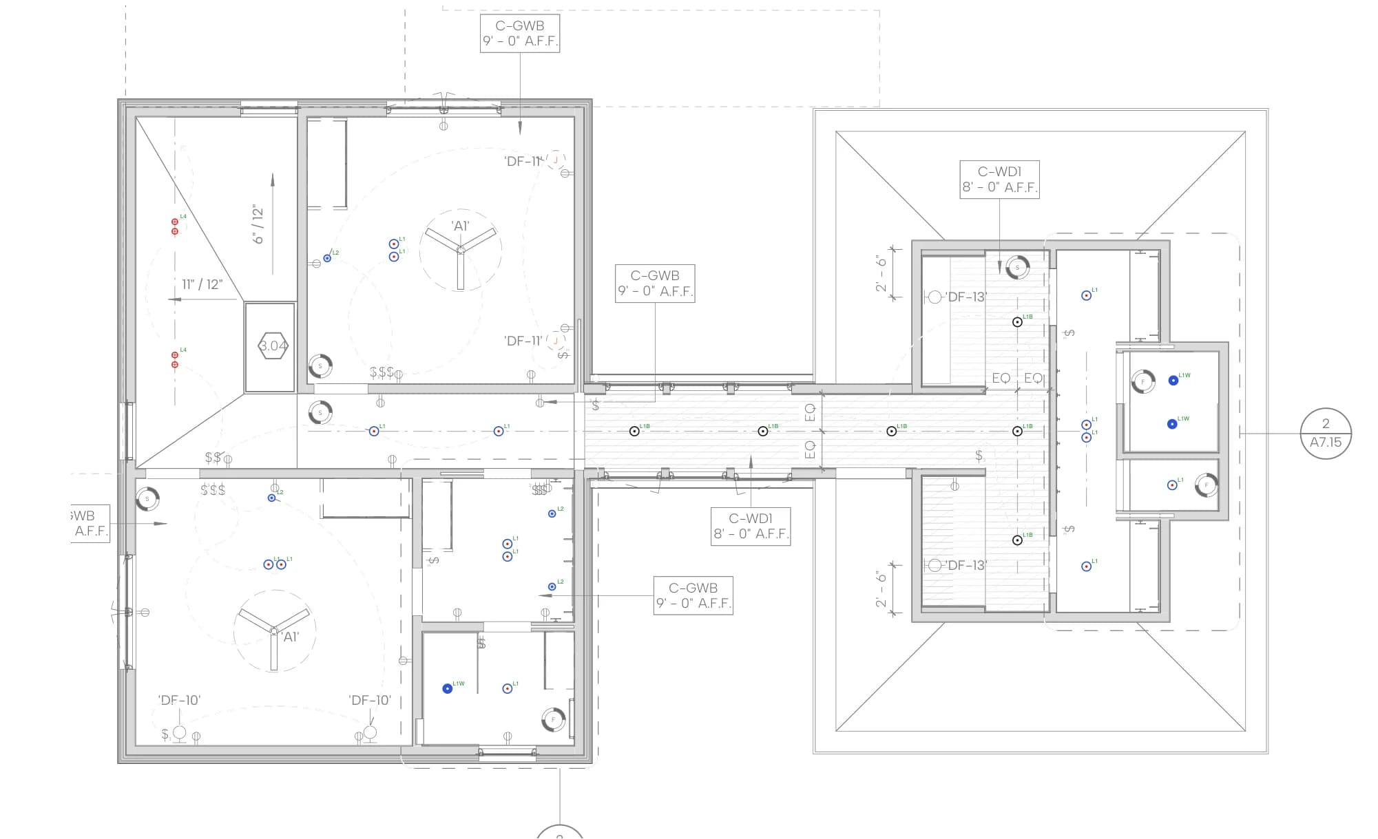 Second floor lighting layout: adjustable downlights in the guest rooms, baths, bridge hall and bunk wing, with stair accent heads over the open-to-below void.