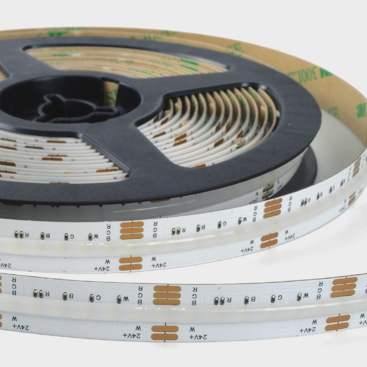 12mm RGBW COB LED tape on a 5m reel, with the 24V+, R, G, B and W solder pads visible along the tape