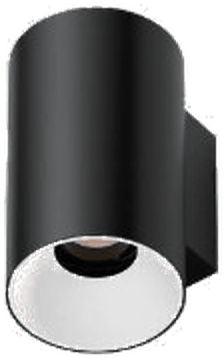 Round H125 Adjustable Wall Sconce, black cylinder body with white reflector, seen from below at an angle