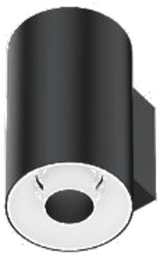 Round H125 Low Glare Wall Sconce, black cylinder body with a white face and small dark aperture, seen from below at an angle