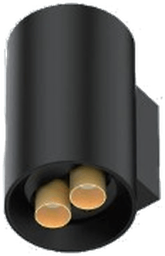 Round H125 Mini Twin Wall Sconce, black cylinder body with two gold optics, seen from below at an angle