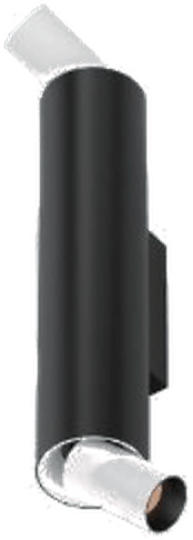 Round H325 Stretchable Wall Sconce, tall black cylinder body with white spotlight heads extended at both ends, seen from below at an angle