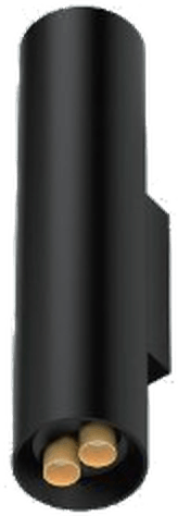 Round H325 Mini Twin Wall Sconce, tall black cylinder body with two gold optics, seen from below at an angle