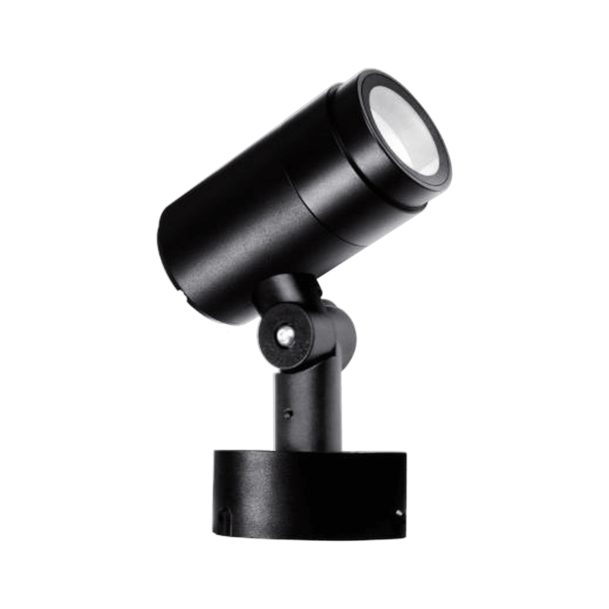 Garden Spotlight, 95mm head, a black cylindrical head on a tilting knuckle and round surface base