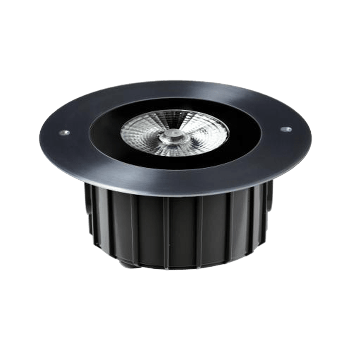 Round In-Ground Uplight, 180mm size, stainless steel trim over a black ribbed aluminum body, seen from above at an angle