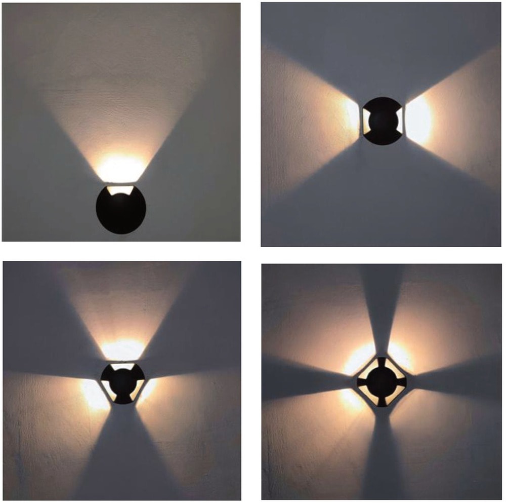 Directional Marker Light, four views of the domed marker lit at night with one, two, three and four beams across the paving