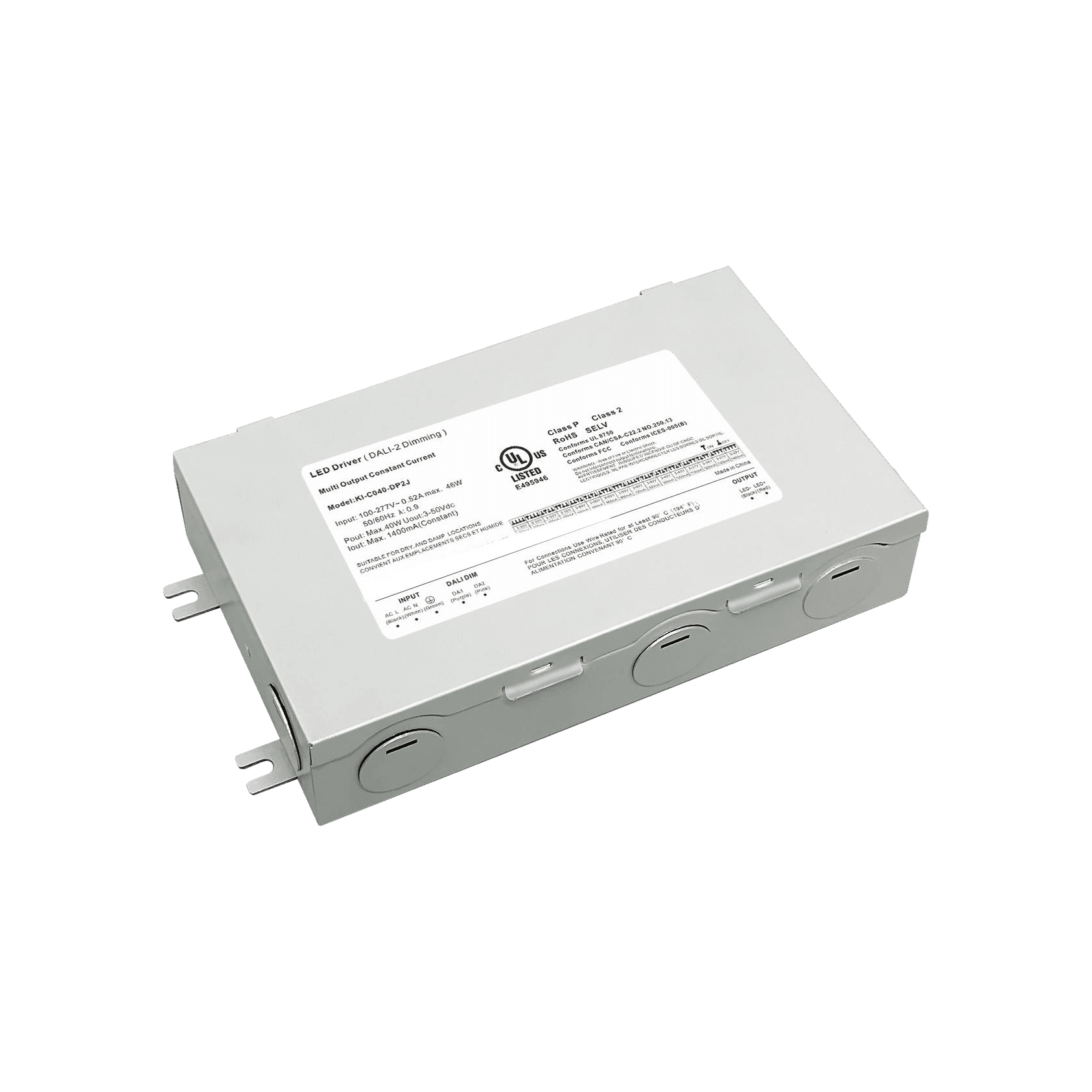 DALI-2 constant current driver in a grey metal junction box with conduit knockouts; the 60W Class 2 model shown, one of five wattages from 10W to 60W