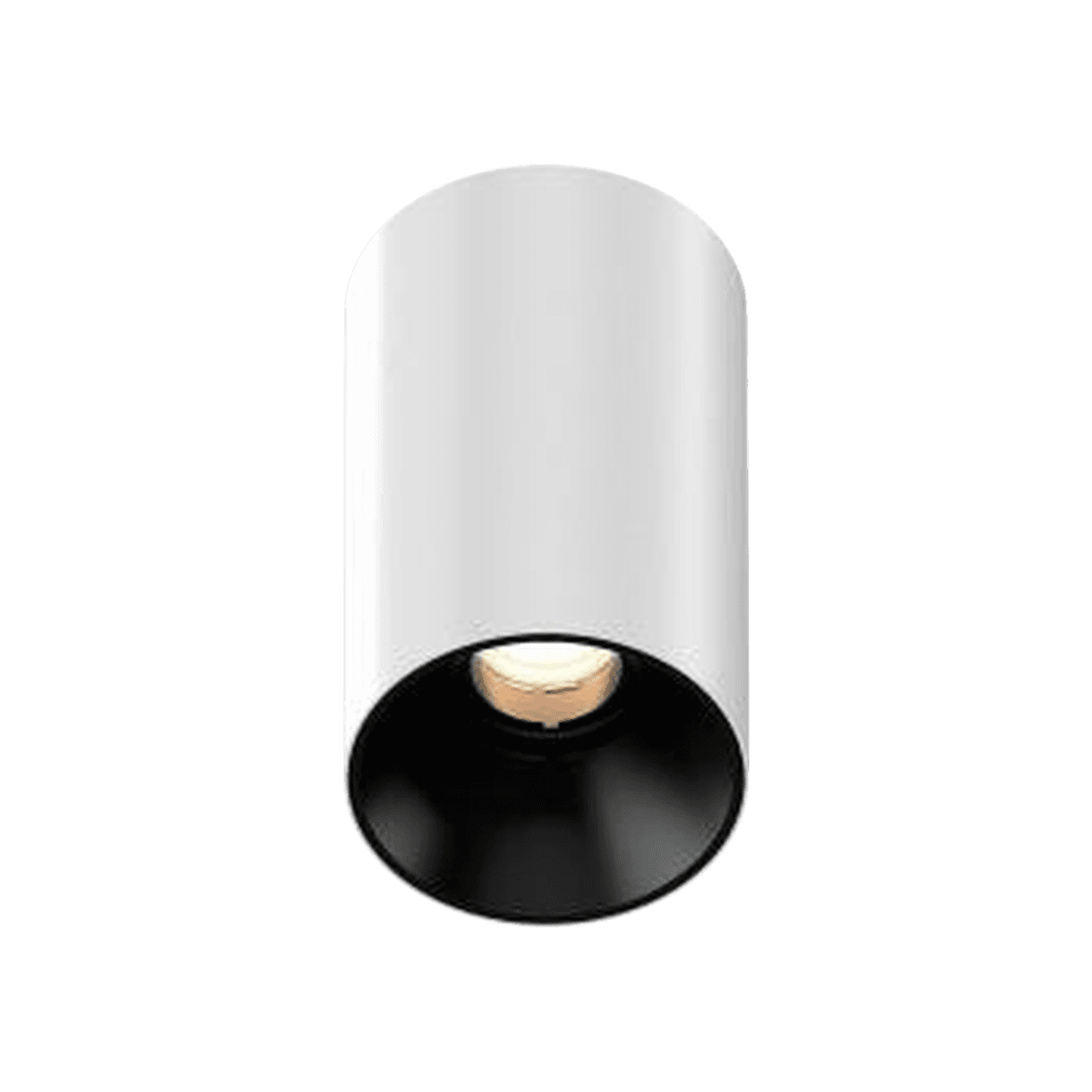 Interactive 3D model of a white surface-mounted round downlight with a black reflector hiding a light engine tilted 20 degrees