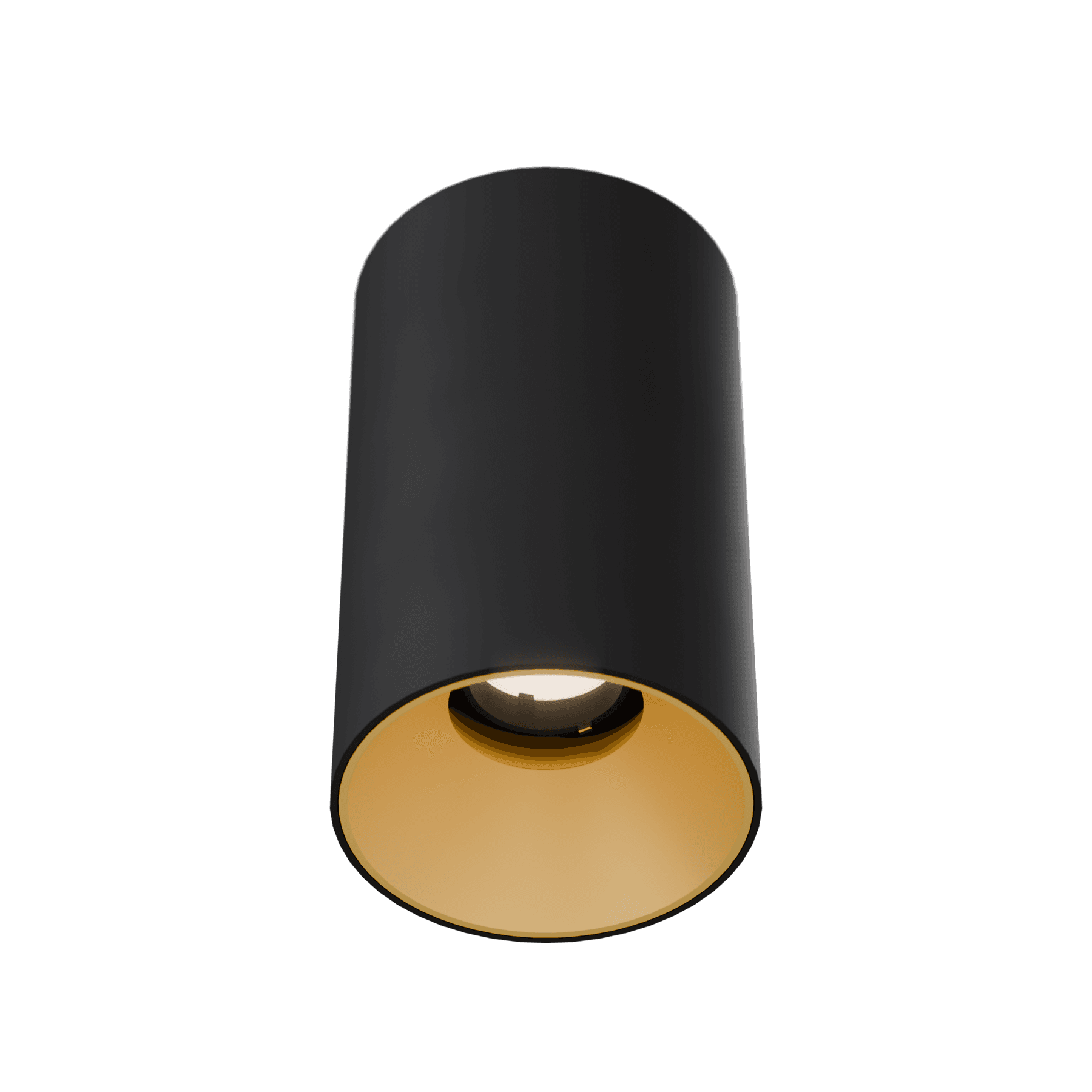 3 Inch Surface Mounted Round Adjustable Downlight, black cylinder body with gold reflector, seen from below at an angle