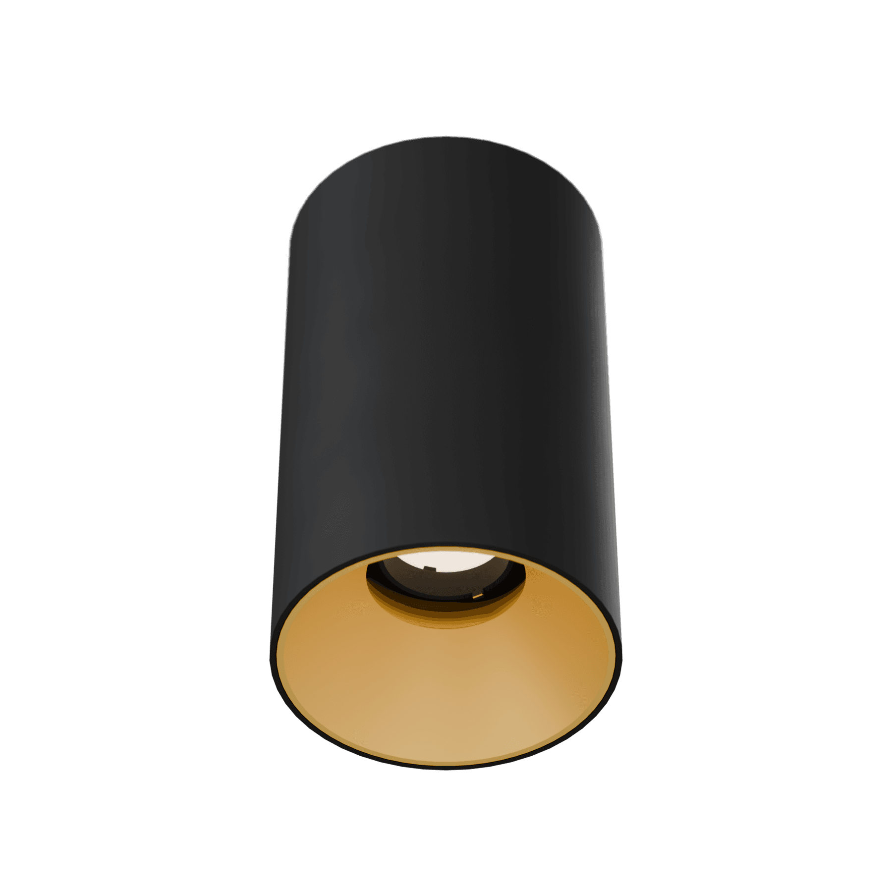 3 Inch Surface Mounted Round Adjustable Downlight, black cylinder body with gold reflector, seen from below at an angle
