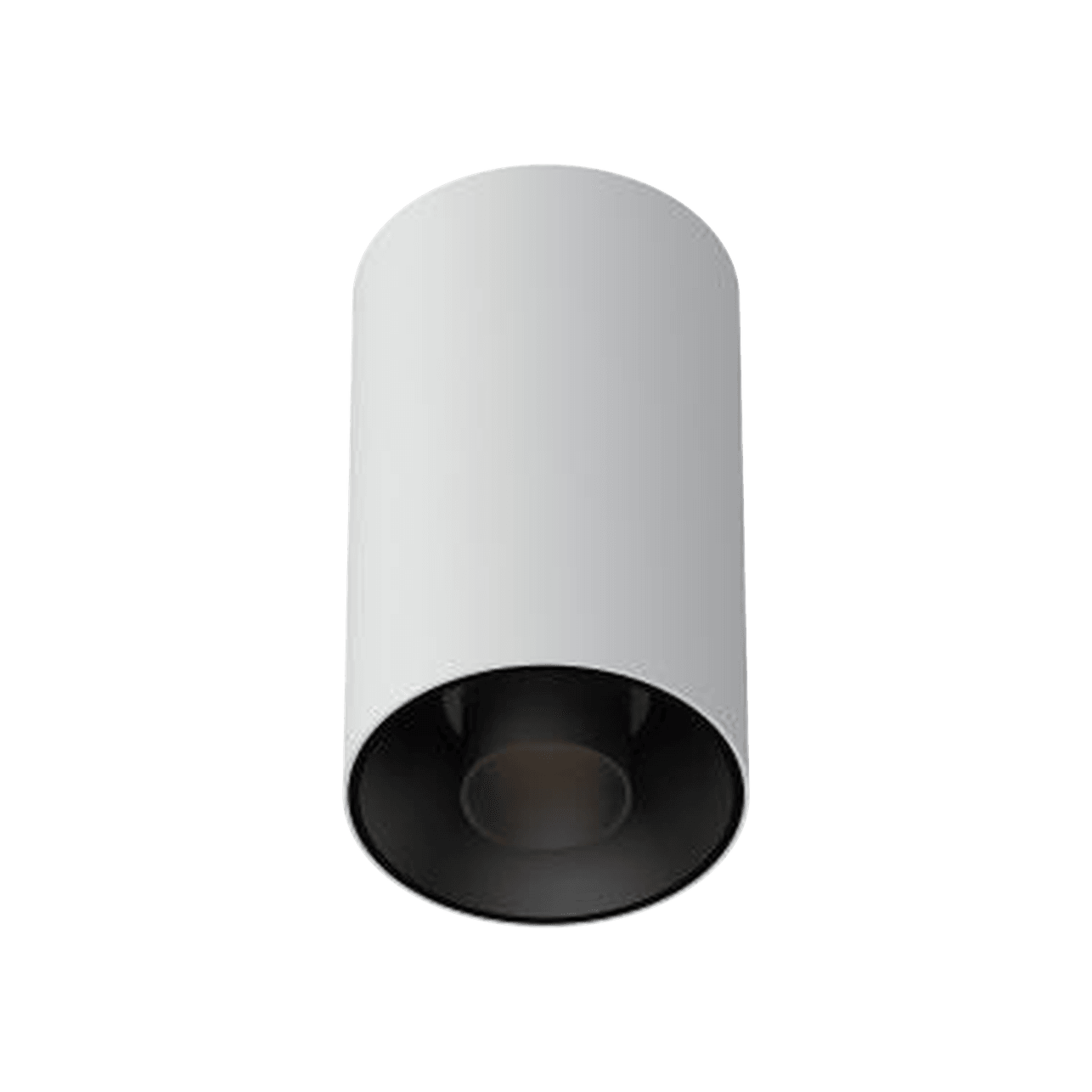3 Inch Surface Mounted Round Adjustable Low Glare Spotlight, white cylinder body with a small deep black aperture, seen from below at an angle