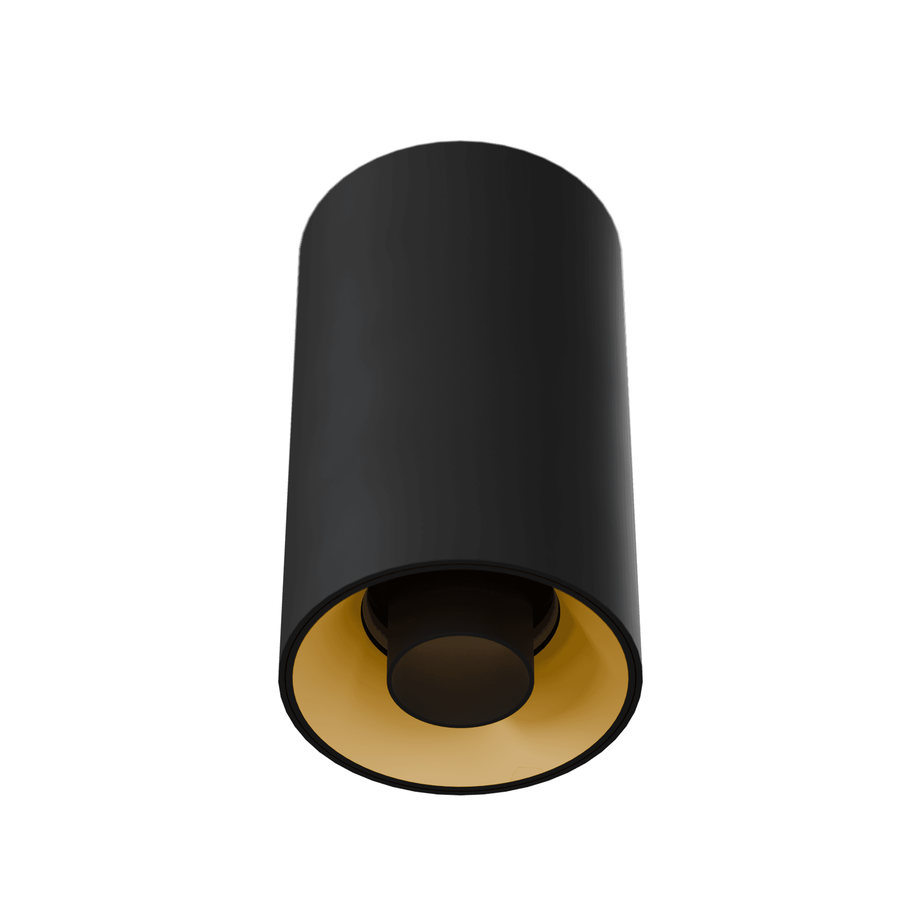 3 Inch Surface Mounted Round Adjustable Low Glare Spotlight, black cylinder body with gold reflector, seen from below at an angle