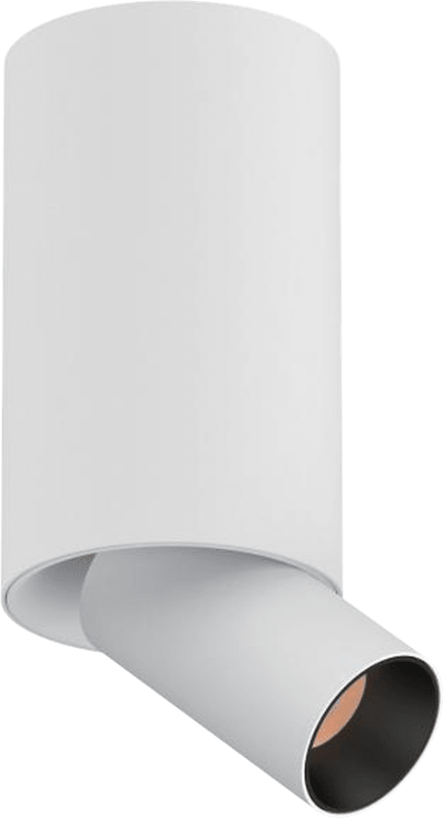 3 Inch Surface Mounted Round Stretchable Adjustable Spotlight, white cylinder body with the black spot head extended and tilted, seen from below at an angle