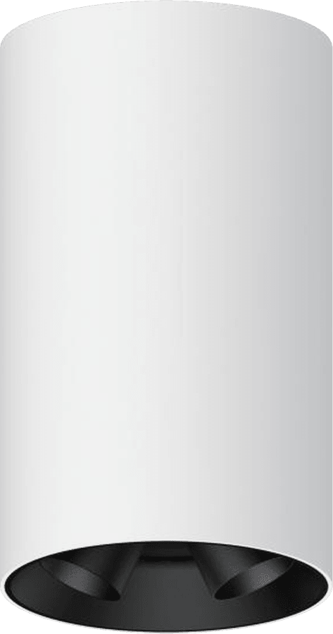 3 Inch Surface Mounted Round Adjustable Twin Mini Spotlight, white cylinder body with two small black heads, seen from below at an angle