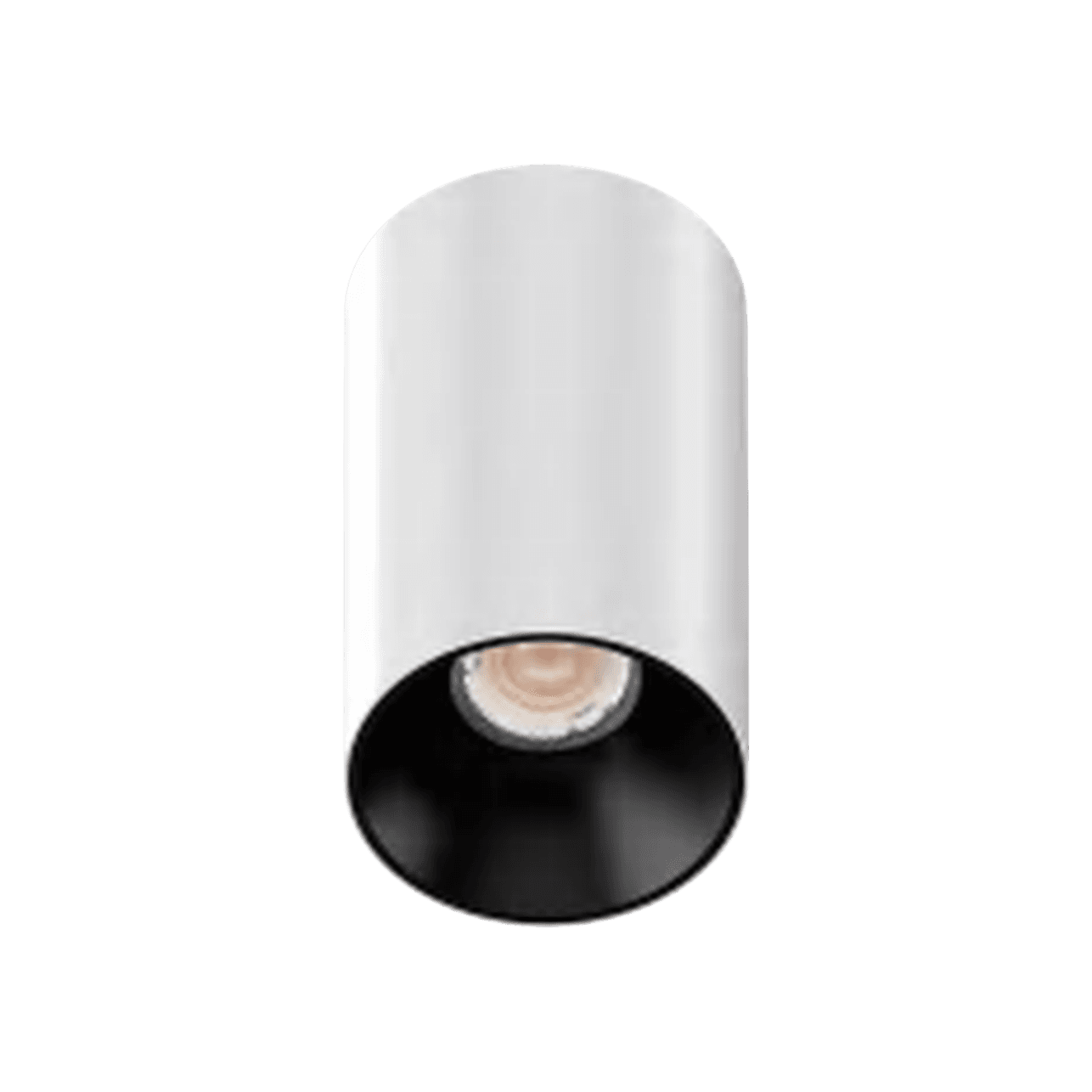 3 Inch Surface Mounted Round Fixed IP44 Downlight, white cylinder body with black reflector, seen from below at an angle