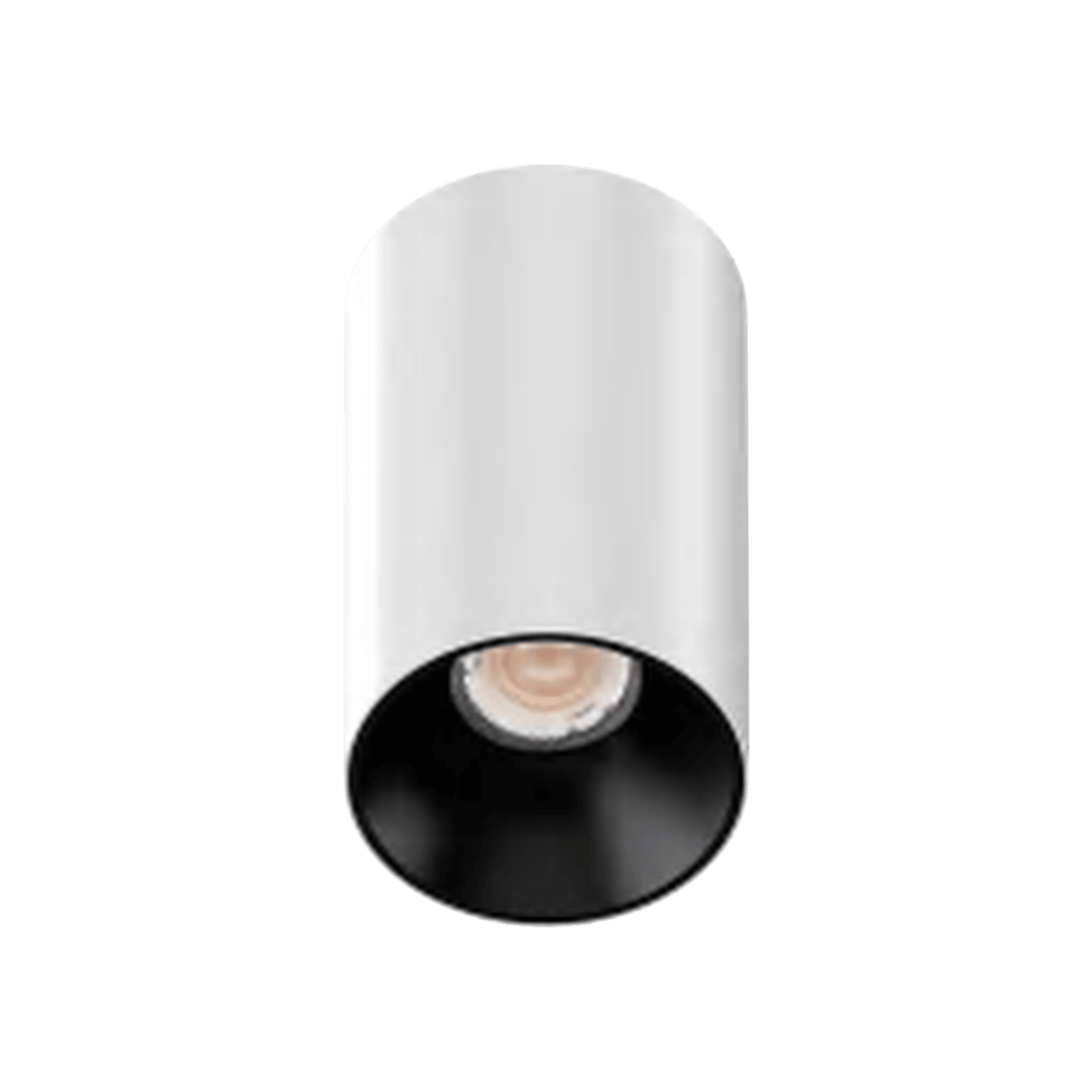 3 Inch Surface Mounted Round Fixed IP44 Downlight, white cylinder body with black reflector, seen from below at an angle