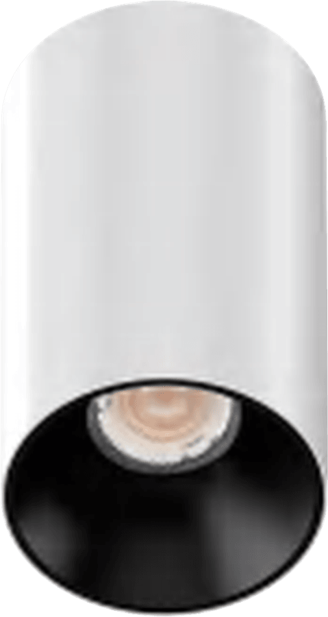 3 Inch Surface Mounted Round Fixed IP44 Downlight, white cylinder body with black reflector, seen from below at an angle