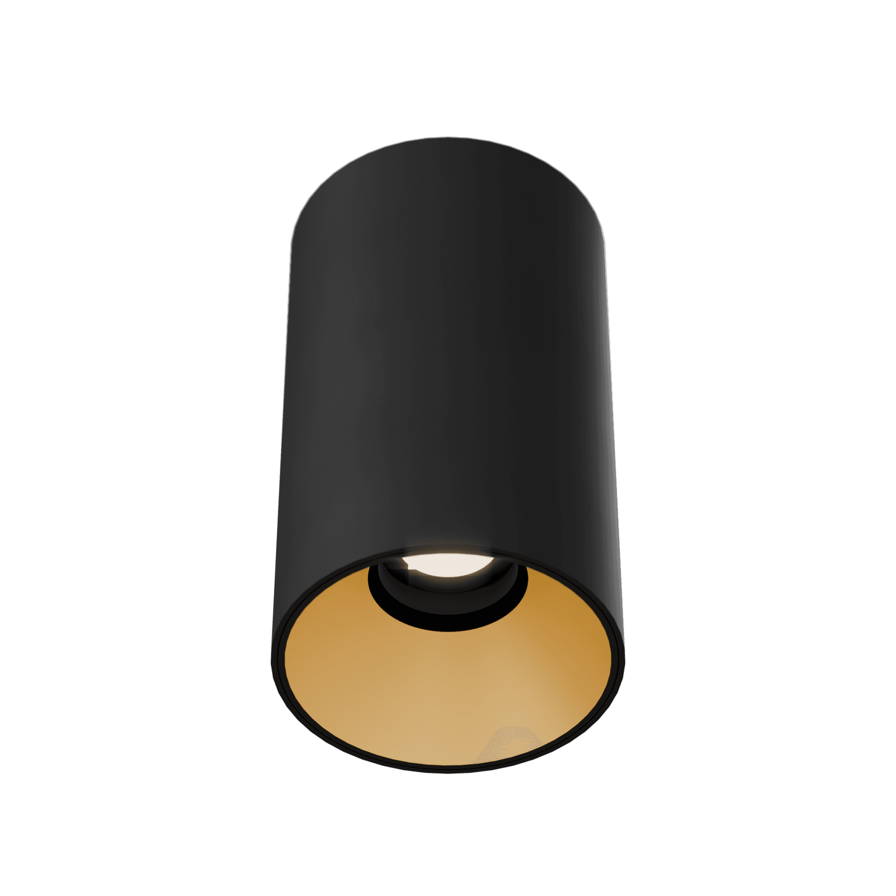 3 Inch Surface Mounted Round Fixed IP44 Downlight, black cylinder body with gold reflector, seen from below at an angle