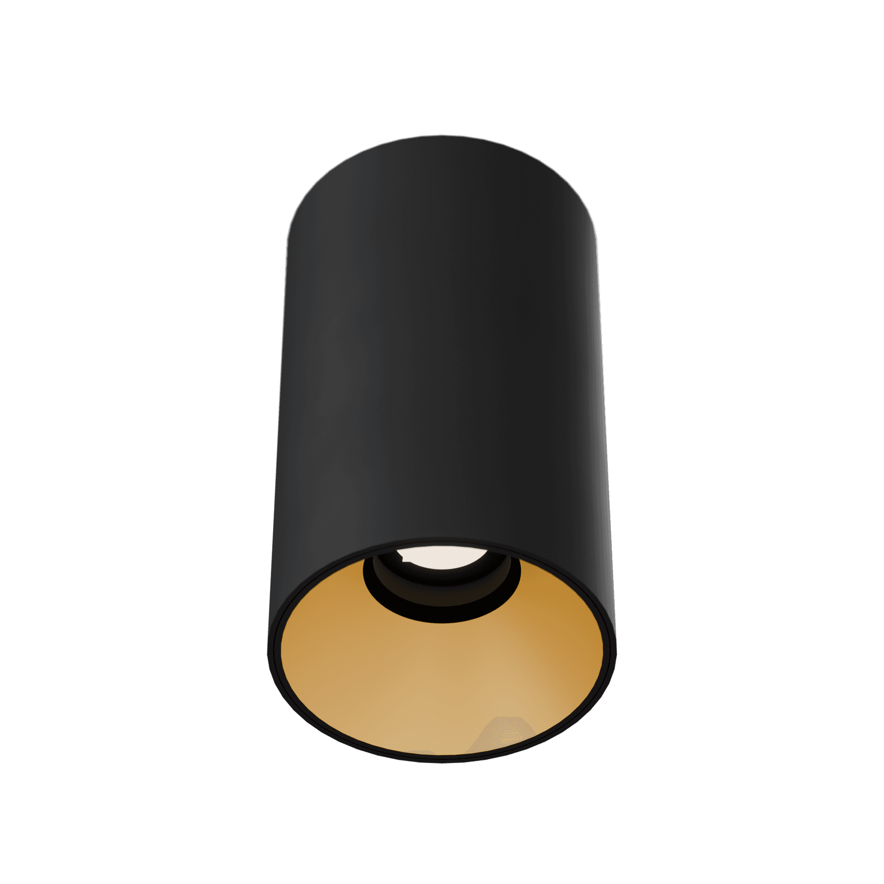 3 Inch Surface Mounted Round Fixed IP44 Downlight, black cylinder body with gold reflector, seen from below at an angle