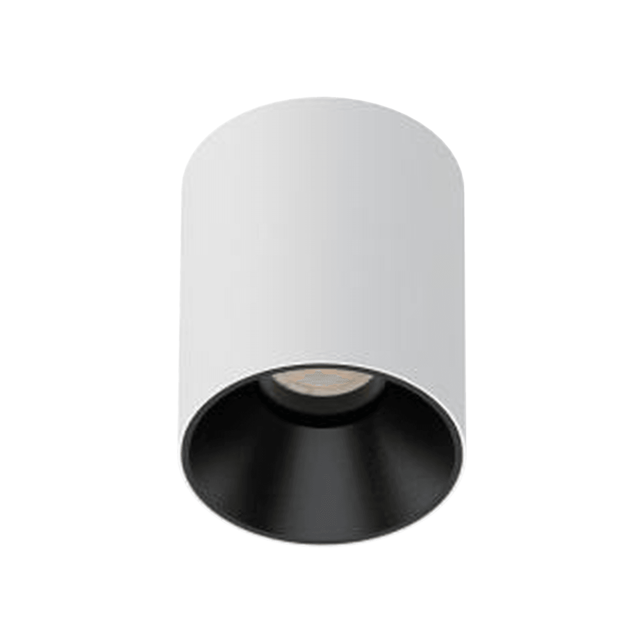 3 Inch Surface Mounted Round Fixed IP65 Downlight, short white cylinder body with black reflector, seen from below at an angle