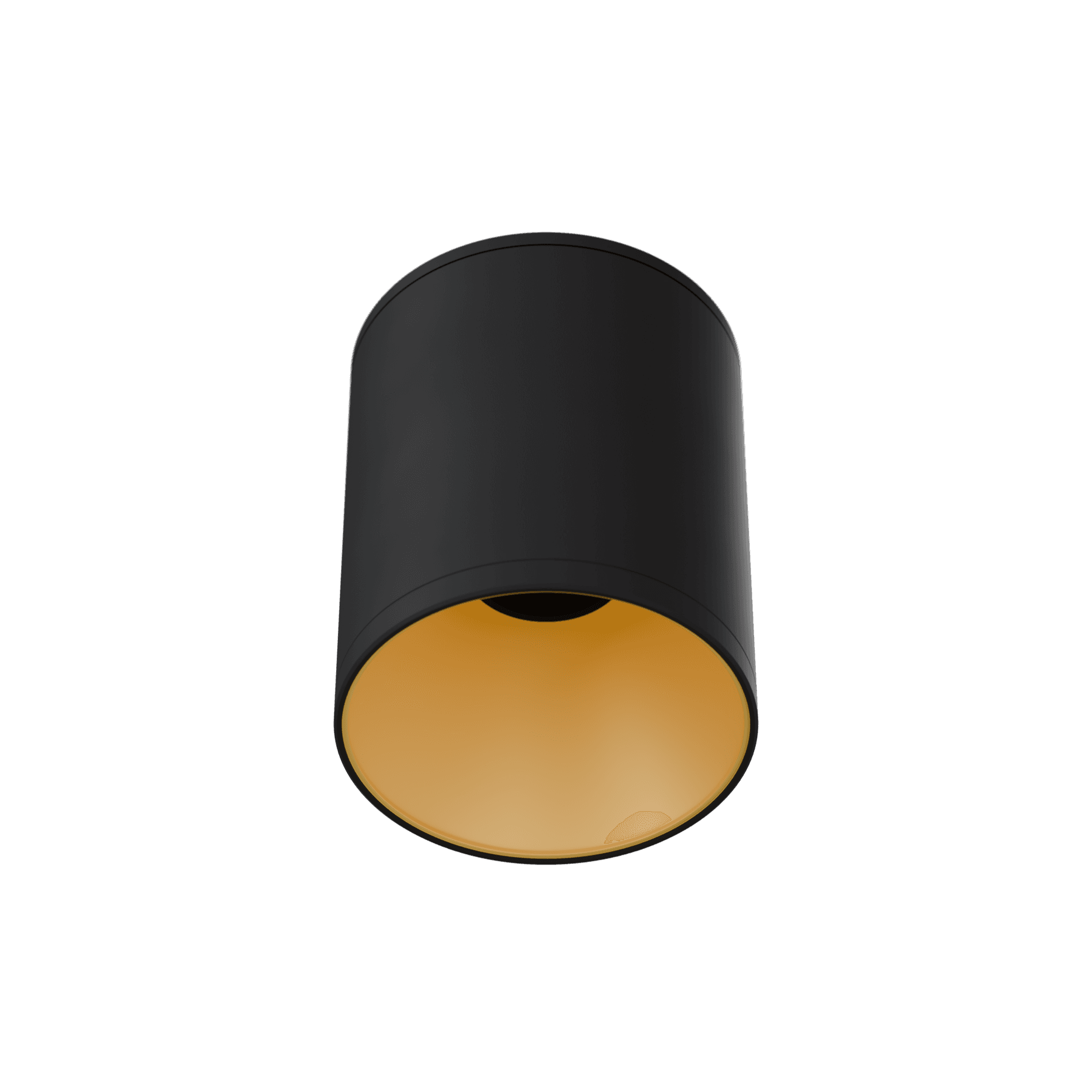 3 Inch Surface Mounted Round Fixed IP65 Downlight, short black cylinder body with gold reflector, seen from below at an angle