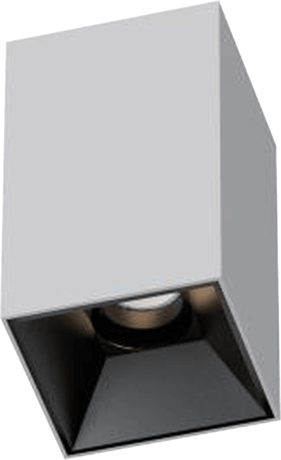 3 Inch Surface Mounted Square Adjustable Downlight, white square body with black reflector, seen from below at an angle
