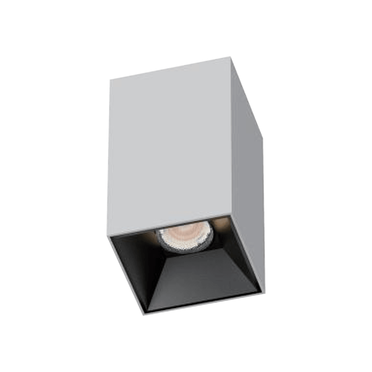 3 Inch Surface Mounted Square Fixed IP44 Downlight, white square body with black reflector, seen from below at an angle