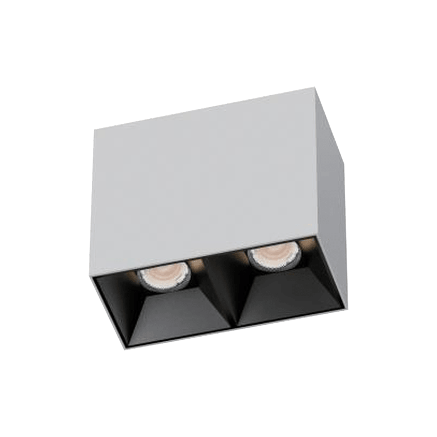 3 Inch Surface Mounted Square Fixed IP44 Double Downlight, white rectangular body with two black reflectors, seen from below at an angle