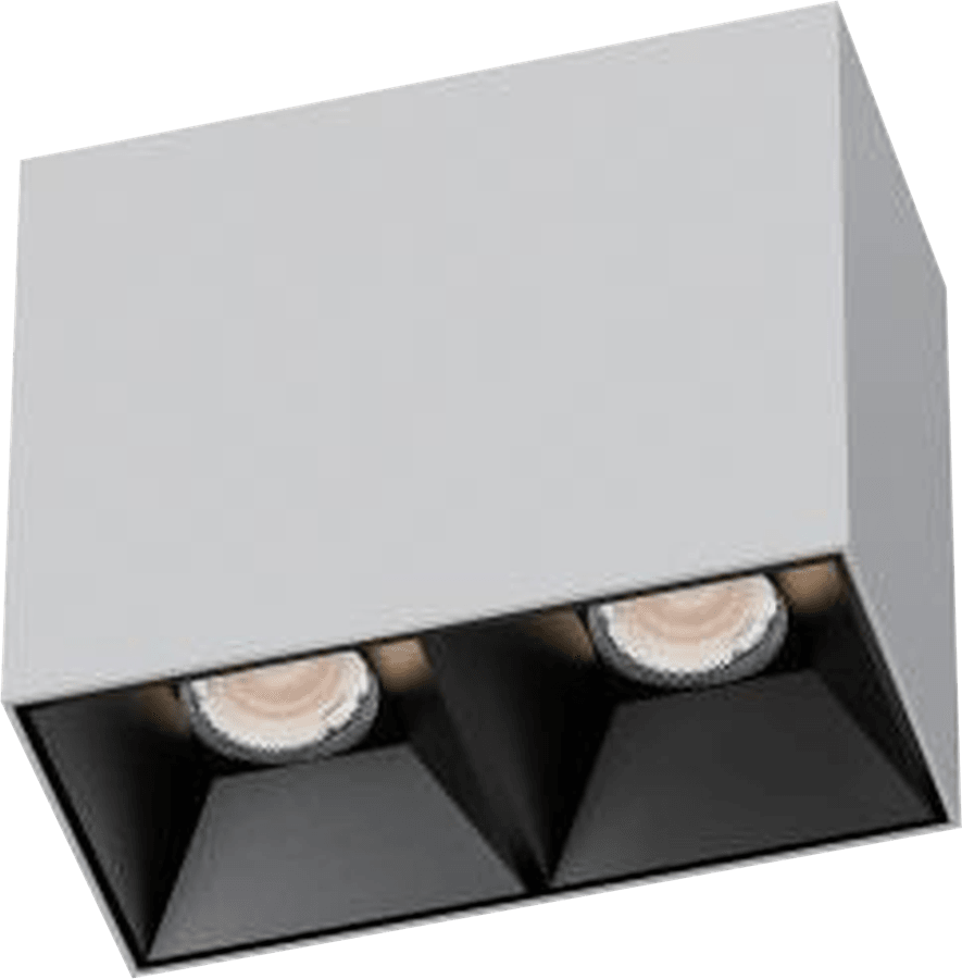 3 Inch Surface Mounted Square Fixed IP44 Double Downlight, white rectangular body with two black reflectors, seen from below at an angle