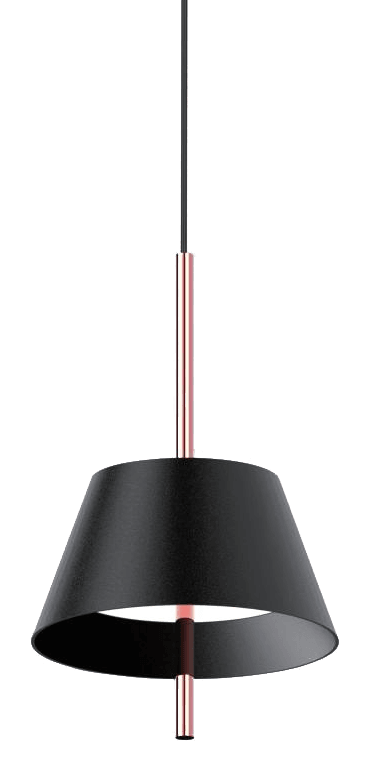 Sauri Pendant Light in black, tapered shade lit from inside with a copper stem running through it