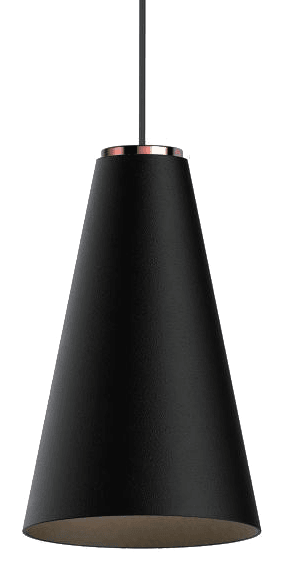 Yexi Pendant Light in black, cone shade with a copper collar hanging on its cable