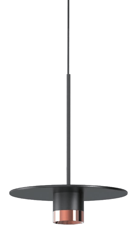 Eclipse Pendant Light, black disc on a slim stem with a copper ring light head beneath it