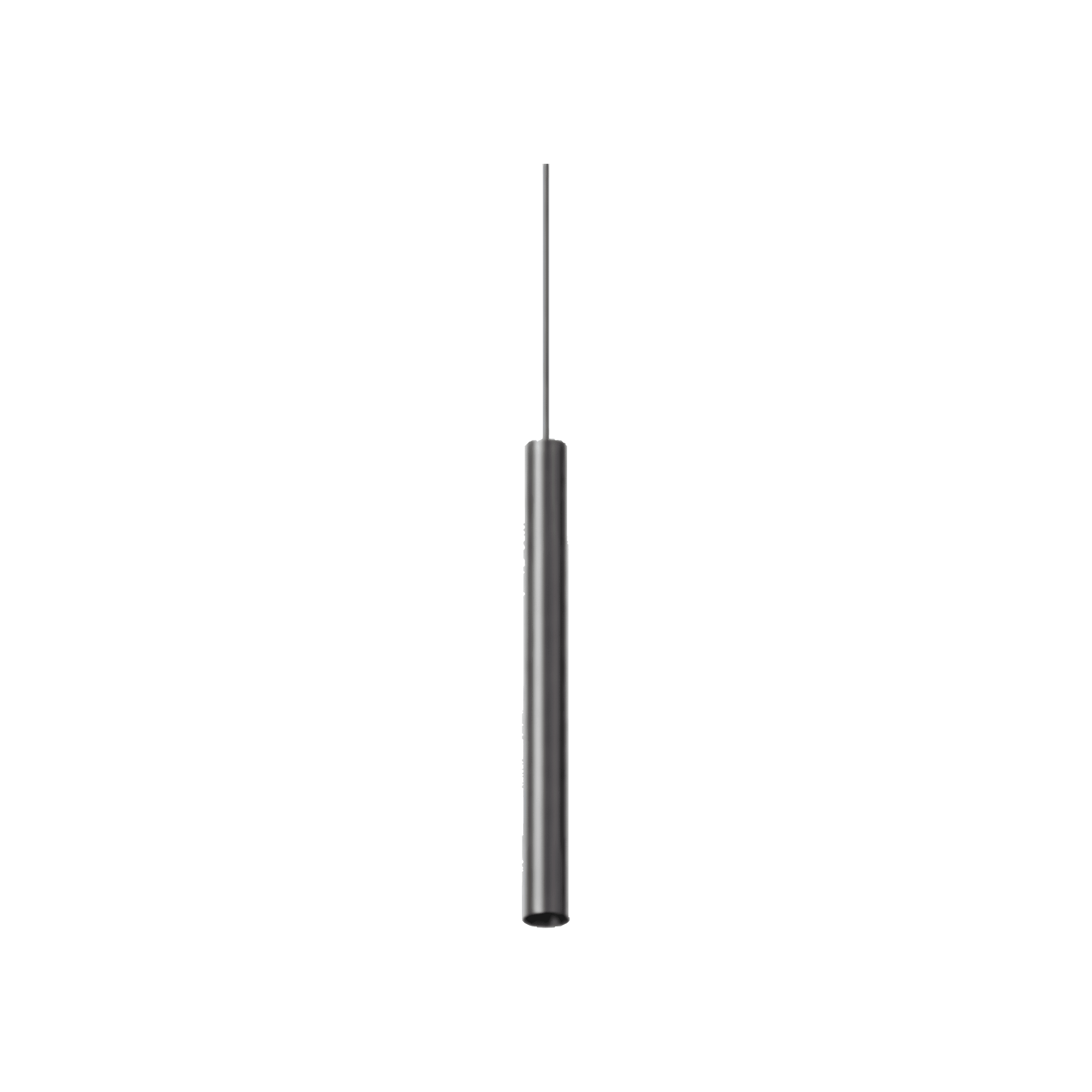 Nova 1.8 Inch Tube Cylinder Pendant, black tube body hanging on a single cord against a light wall