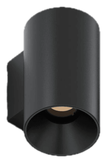Interactive 3D model of a round black wall sconce on its back plate, a deep black reflector at its foot and the light engine tilted inside
