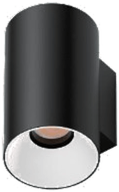 Round H125 IP65 Wall Sconce, black cylinder body with white reflector, seen from below at an angle