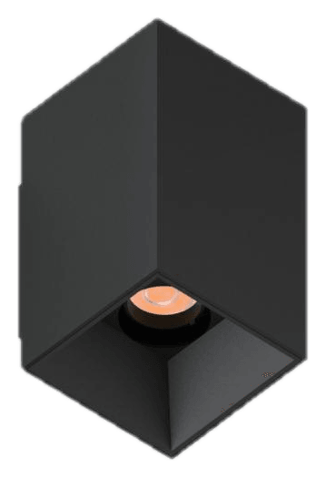 Square H125 Adjustable Wall Sconce, black square body with black reflector, seen from below at an angle