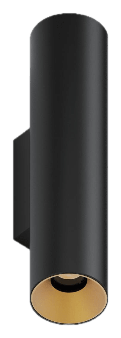 Round H325 Adjustable Wall Sconce, tall black cylinder body with gold reflector, seen from below at an angle